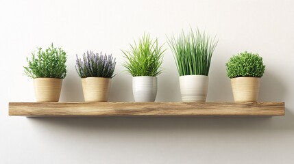 Lush Green Indoor Plants in Stylish Ceramic Pots on Wooden Shelf