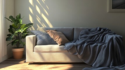 Comfort and Greenery - Inviting Cozy Couch with Soft Throw Blankets and Lush Leafy Plant for Relaxation at Home