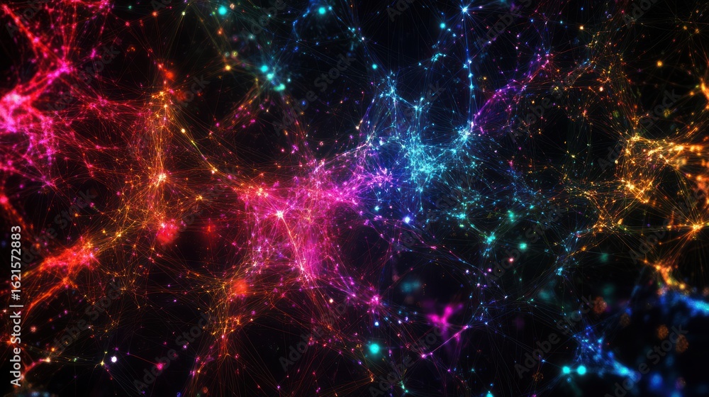 Aufkleber a colorful, interconnected network of glowing points and lines against a dark backdrop