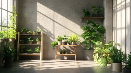 Cozy Indoor Plant Oasis with Sunlit Plant Stand Corner