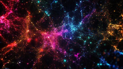 A colorful, interconnected network of glowing points and lines against a dark backdrop