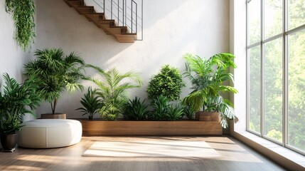 Serene Interior Design with Lush Indoor Plants and Warm Natural Textures