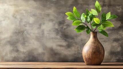 Serene Vase with Vibrant Green Leaves on Rustic Wooden Table