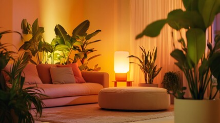 Cozy Home Interior in Warm Tones with Soft Lighting and Lush Plants Creating a Relaxing Ambiance