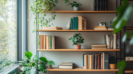 Lush Greenery and Literature: Stylish Shelving Unit Decor with Plants and Books