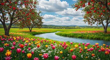 A vibrant landscape featuring a winding river flowing through a field of colorful tulips beneath apple trees laden with red fruit under a blue sky with fluffy clouds.