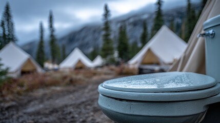 the focused toilet system contrasts with softly blurred tents and camp life in the background.