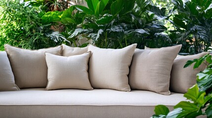 Cozy Sofa with Neutral Cushions Surrounded by Lush Green Plants, Home Interior Design Concept
