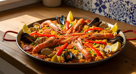 A vibrant paella brimming with shrimp, mussels, clams, chorizo, peas, and red peppers, garnished with lemon wedges. A delicious and colorful Spanish dish.