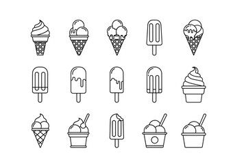Vector art of collection of various ice cream and popsicle icons in black and white perfect for summer designs