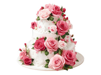 Elegant three tiered wedding cake adorned with pink and white roses. Isolated On Transparent Background
