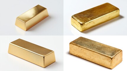 Four gleaming gold bars, varying in size and orientation, rest on a pristine white background, showcasing their lustrous surfaces and sharp edges