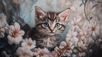 Adorable kitten surrounded by flowers in artistic floral setting