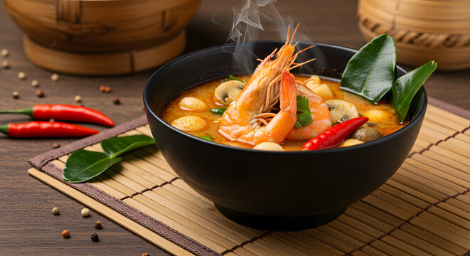 A steaming bowl of Tom Yum soup, featuring shrimp, mushrooms, and chili peppers, served on a bamboo mat.