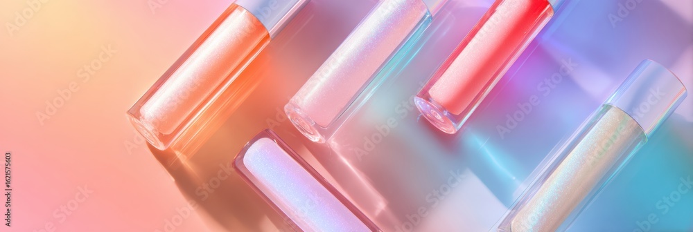 Poster lip gloss tubes casting colorful shadows on a pastel gradient background with a clear lower side
