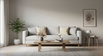 Modern living room with sofa coffee table plant and artwork