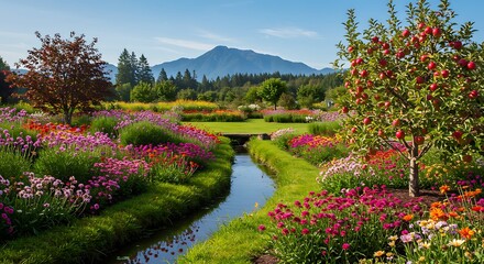 A vibrant flower garden with a narrow stream winding through it, leading towards distant mountains under a clear blue sky.