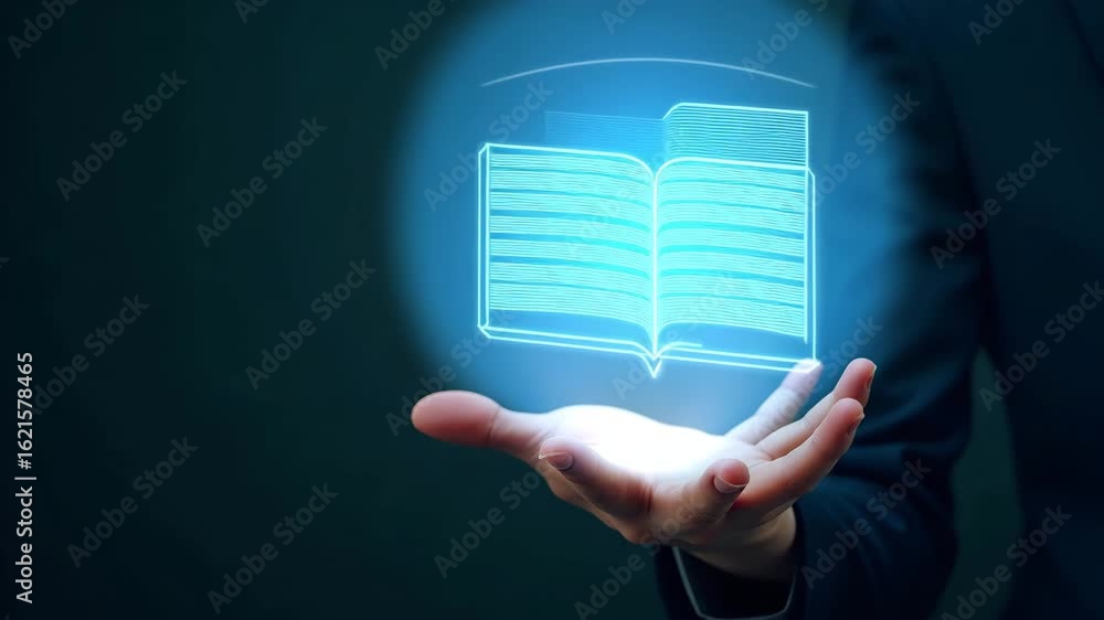 Poster hand presenting holographic digital literacy curriculum outline with key educational components in p