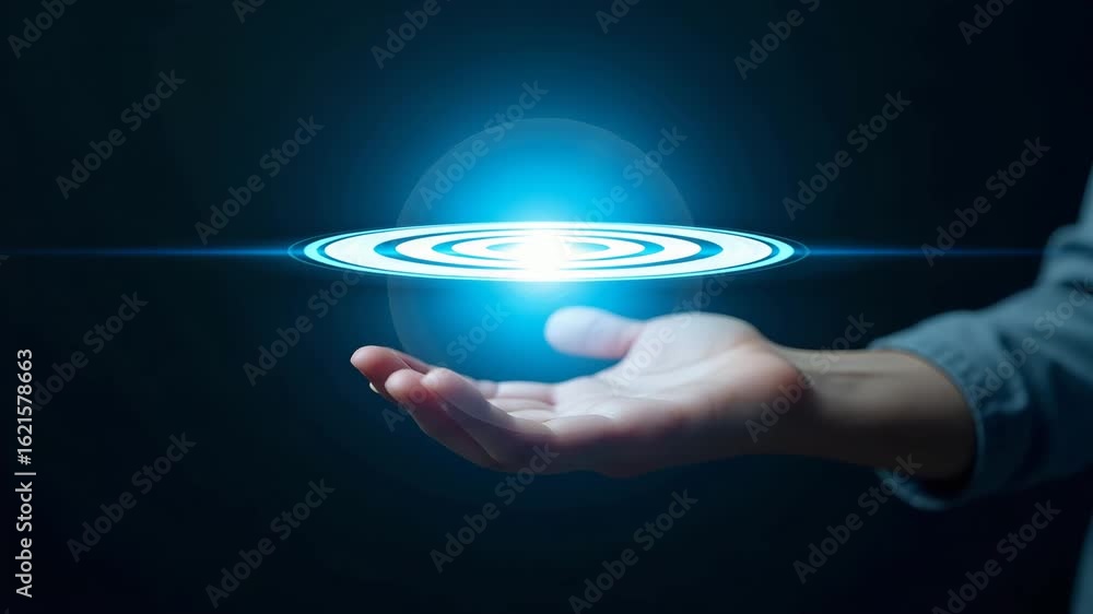 Poster flat hand operating holographic device for hd digital wallpaper creation: a cute vector illustration