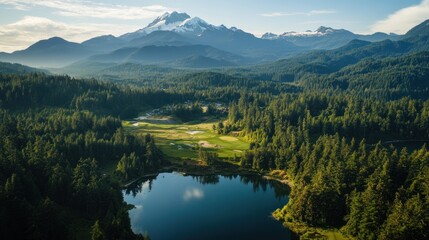 Obraz premium Aerial view of serene lake nestled in a valley with golf course and mountains in background
