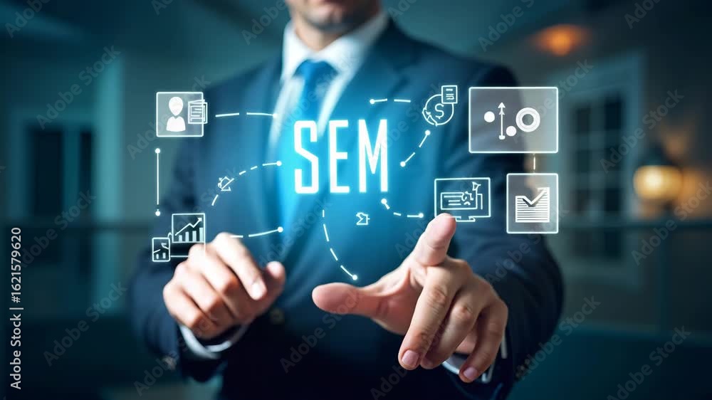 Poster businessman points to sem icons on digital interface: exploring seo strategies and online advertisin