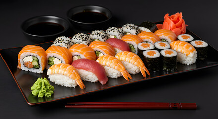 An appetizing assortment of sushi rolls and nigiri, beautifully arranged on a black platter, accompanied by soy sauce, wasabi, and ginger.