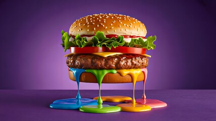 Creative burger with dripping colorful paint concept on purple background