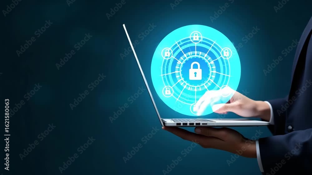 Poster flat hand using laptop with holographic zero trust security icons: a cute vector illustration of adv