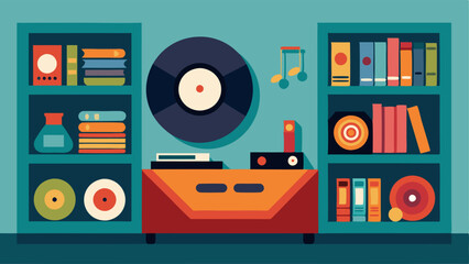 Obraz premium A wallmounted record player surrounded by shelves of vinyl records from the 60s and 70s creating a music lovers dream corner.