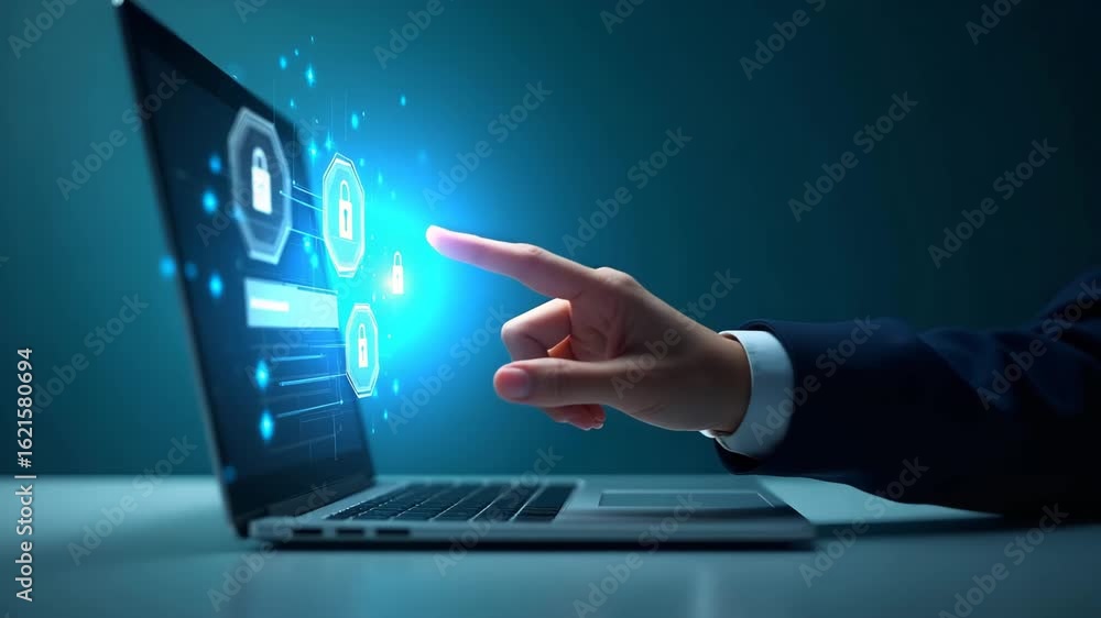 Poster flat hand interacting with holographic cybersecurity device: secure login and data protection icons 