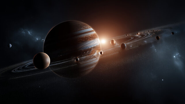 An imaginary planet similar to Saturn in the outer space with its satellites