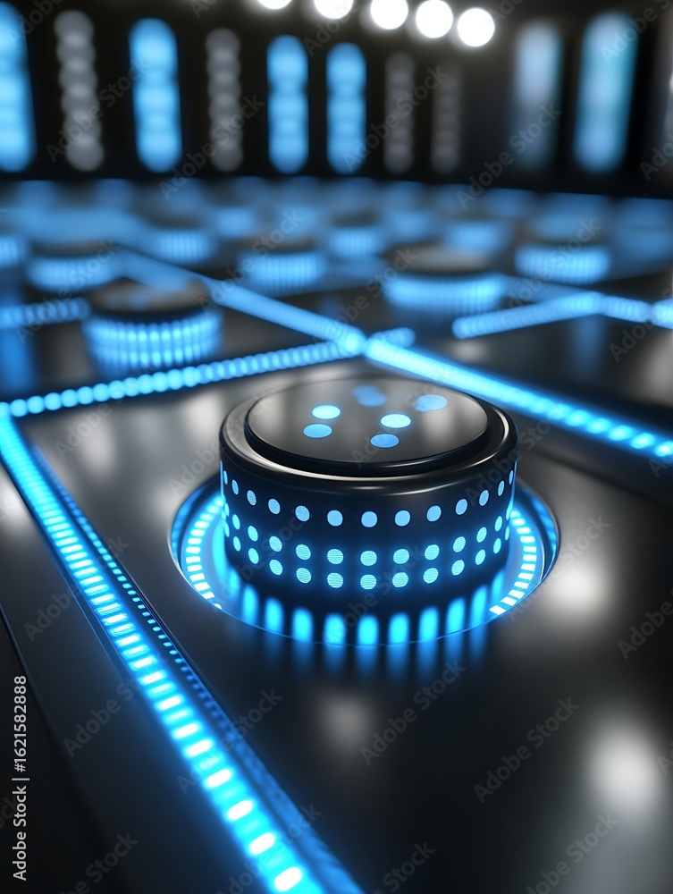 Poster futuristic interface with glowing blue lights and circular buttons design concept