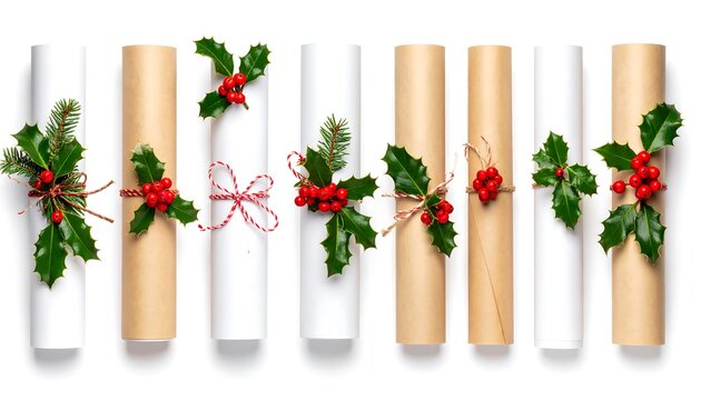 Rolled paper scrolls decorated with holly and pine sprigs