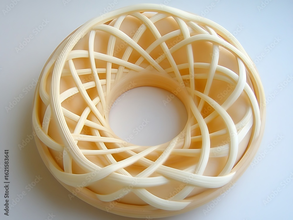 Poster intricate weaved donut design with interlocking strands and soft beige tones artistic arrangement