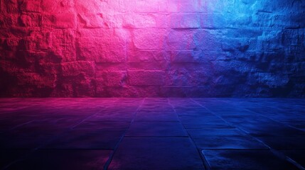 A textured brick wall and tiled floor illuminated by vibrant red and blue lights