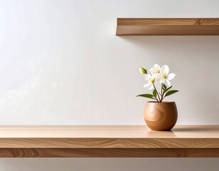 Simple wooden shelf with white flowers