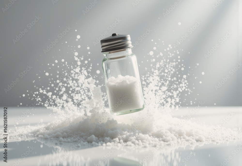 Poster salt crystals exploding from a shaker, creating a dynamic display of white granules