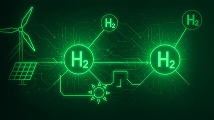 Green hydrogen concept with industrial renewable energy sources including wind turbine and solar panel glowing dark background futuristic digital - Powered by Adobe