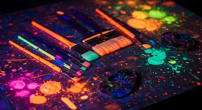 A vibrant display of paintbrushes and splattered neon paint in various colors on a dark surface, creating an artistic and energetic composition.
