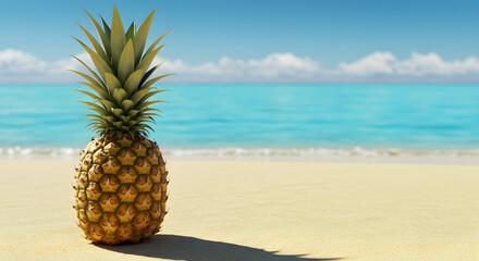 A vibrant pineapple stands on a sandy beach with turquoise water and a clear blue sky, evoking a sense of tropical relaxation and vacation vibes.