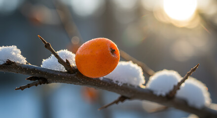 A vibrant orange fruit contrasts against the snowy branch, illuminated by the soft winter sunlight.