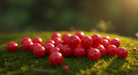 A vibrant cluster of red cranberries rests on a bed of lush green moss, bathed in soft, natural light.
