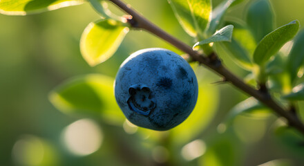 A close-up shot of a single blueberry hanging from a branch, surrounded by green leaves, bathed in soft, natural light.