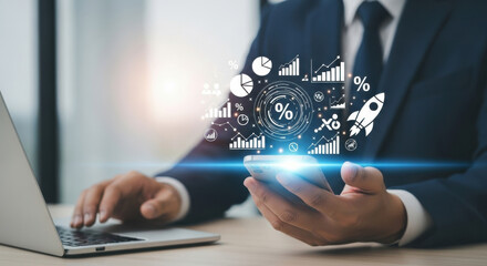 Businessman suit technology smartphone laptop digital marketing data analysis finance growth innovation futuristic success working office professional communication chart graph icon percentage