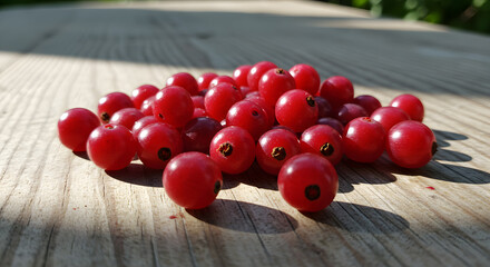 A close-up of a pile of fresh, ripe red currants on a wooden surface, illuminated by sunlight.