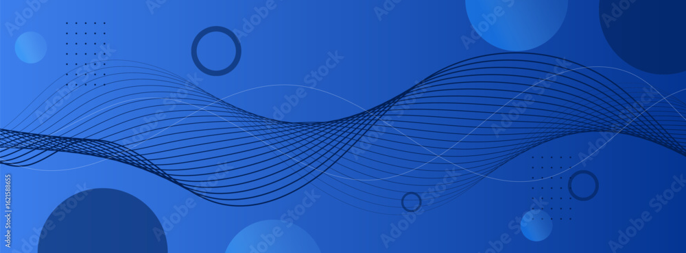Poster abstract banner background with wavy lines and circles in gradient blue tones for website or graphic