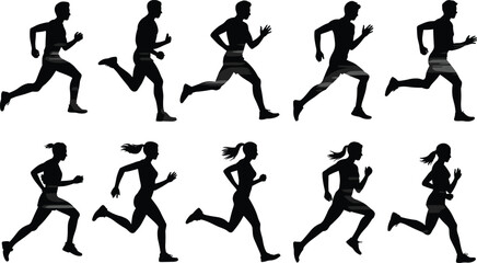 Running silhouette vector set—male and female figures in dynamic motion poses, perfect for sports design, fitness branding, and animation