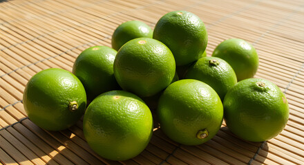 A pile of fresh, vibrant green limes sit on a bamboo mat, illuminated by sunlight.