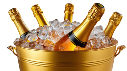 Cool Champagne Celebration: Sparkling champagne bottles chill in an ice bucket, a symbol of celebration, luxury and joyful moments.