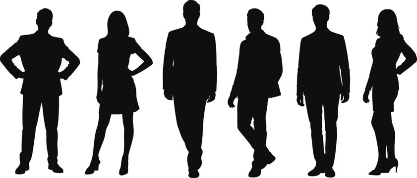 Six human silhouette vector poses—walking, standing, casual and dynamic posture set for behavior analysis, fashion, and editorial design